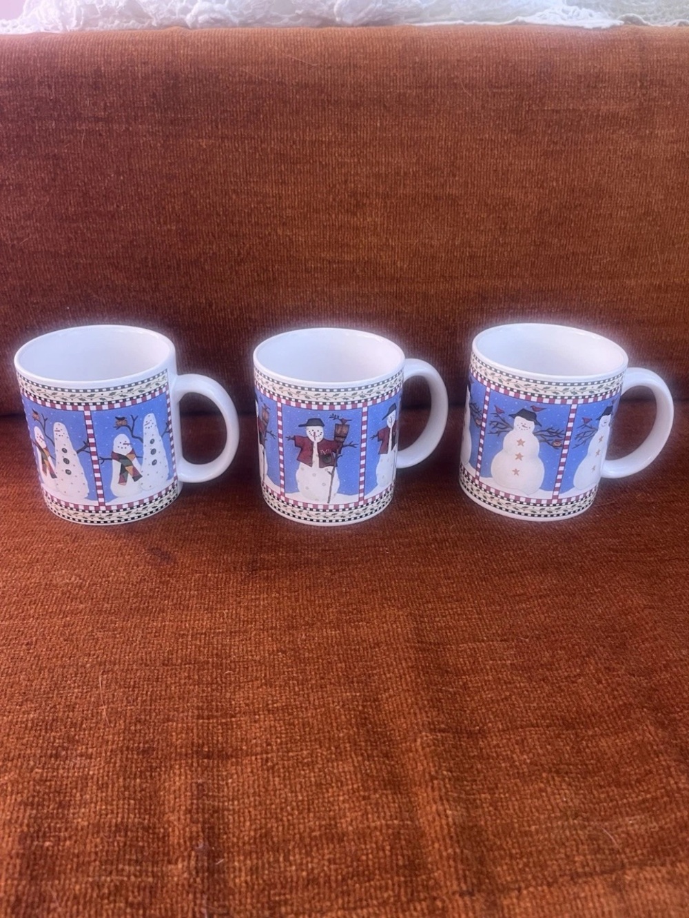 VTG Debbie Mumm Sakura Ceramic Snowman Set of 3 Large Mugs Coffee Hot Chocolate